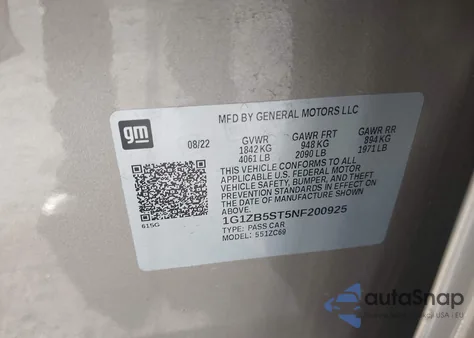 2022 Chevrolet Malibu Fwd Ls z USA, uszkodzony, nr VIN 1G1ZB5ST5NF200925